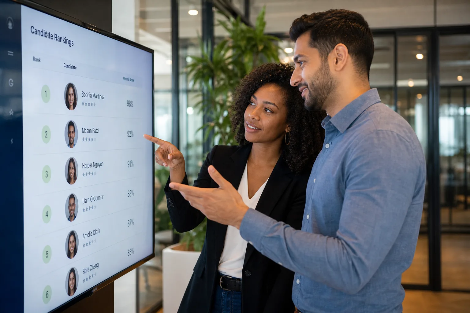 Two professionals reviewing an AI-ranked candidate shortlist on a large screen